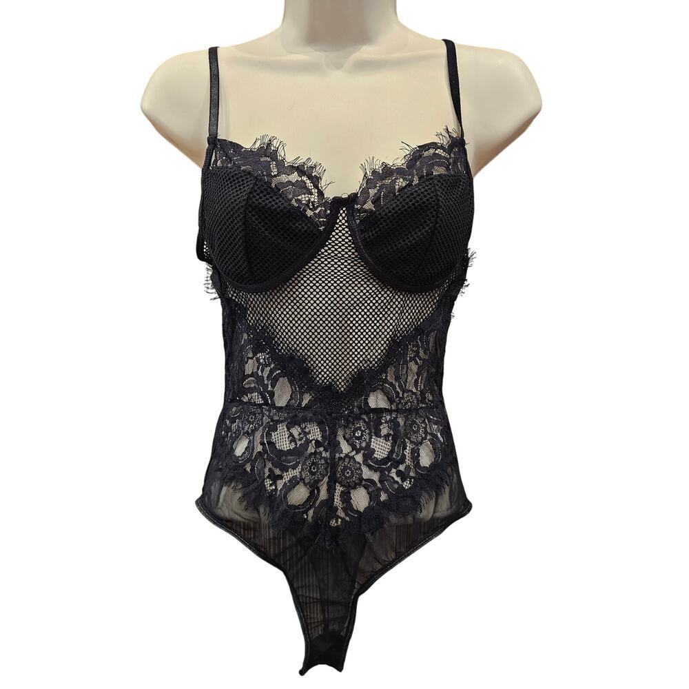 Kaei & shi black sexy frill lace mixed media teddy bodysuit black snap crotch M
